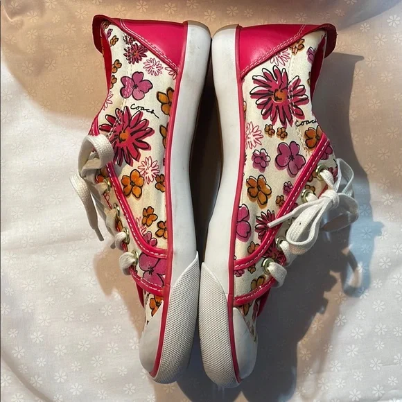 COACH Pink and White Sneakers Floral Canvas Design Laces EUC - Picture 7 of 13